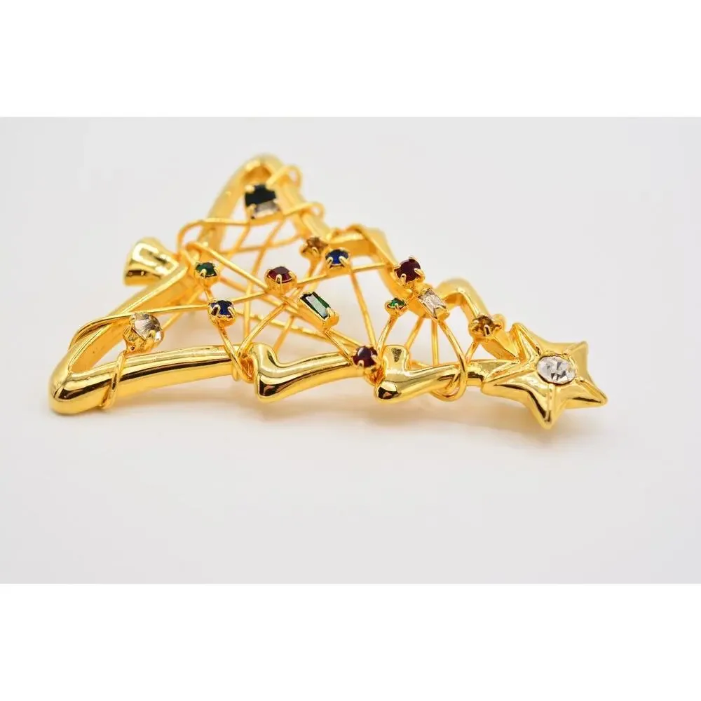 Vintage Christmas Tree Pin Brooch Rhinestone Crystal Wired Gold Holiday BinAP